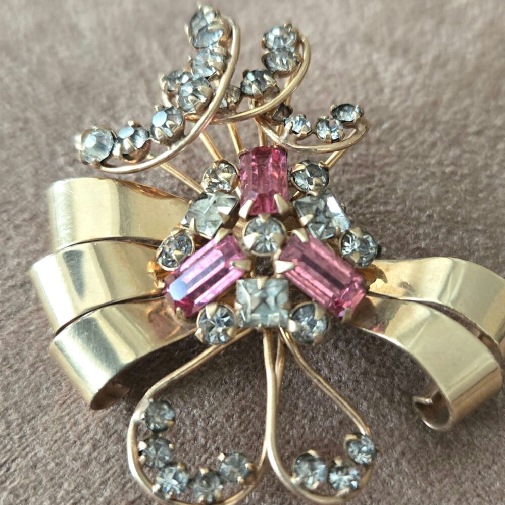 Vintage signed M&S 12K Gold filled Pink and White Rhinestone Brooch or Pendant - Picture 2 of 8